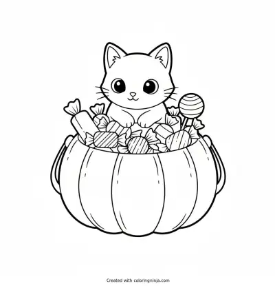 Curious Cat Candy Bucket Coloring Page