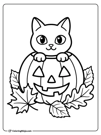 Curious Cat in a Pumpkin Surrounded by Autumn Leaves Coloring Page