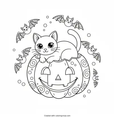 Black Cat in a Pumpkin Coloring Page