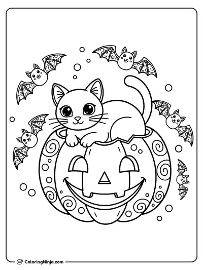 Black Cat in a Pumpkin Surrounded by Flying Bats Coloring Page