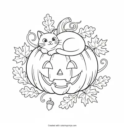 A Cozy Pumpkin Kitty Coloring Page
