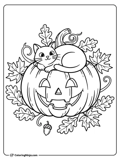 A Cozy Pumpkin Kitty Coloring Page