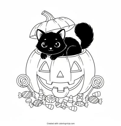 A coloring page of A cute black cat sitting inside a smiling carved pumpkin with candies.