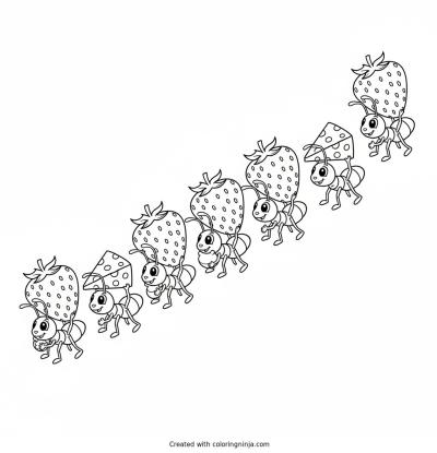 A coloring page of Cute cartoon ants marching in a line carrying cheese slices and big strawberries.