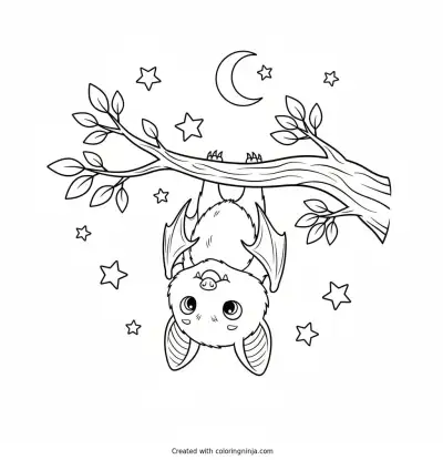 Little Bat Under the Stars Coloring Page