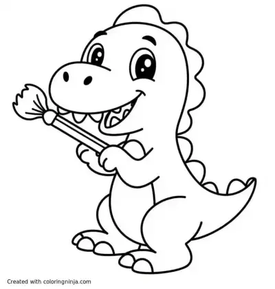 A coloring page of "Cute cartoon dinosaur brushing teeth, coloring book style, black and white