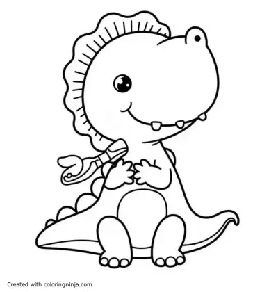 A coloring page of "Cute cartoon dinosaur with toothbrush brushing teeth, coloring book style, black and white