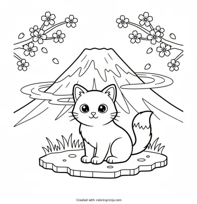 A Cute Cat Near Mount Fuji Coloring Page