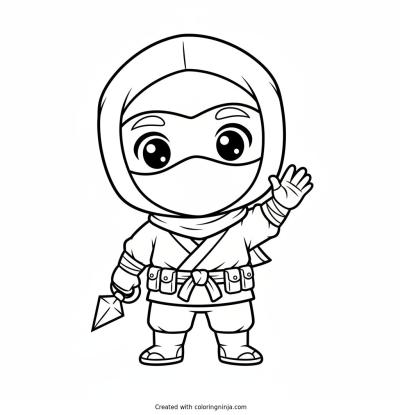 A coloring page of Cute chibi ninja waving hello