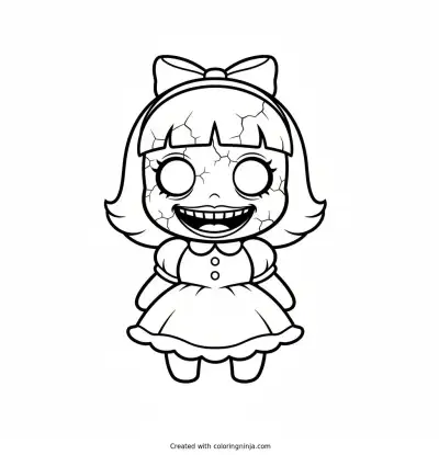 Cute chibi-style Miss Delight with a cracked porcelain doll face and wide creepy grin coloring page