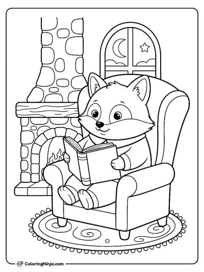 A Cute Cozy Little Fox Reading Coloring Page