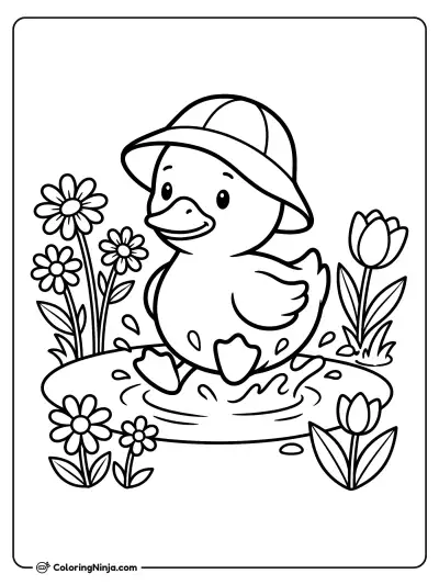Spring Puddle Duckling Fun Coloring Page