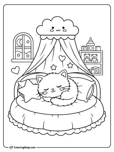 Cute Fluffy Kitten Sleeping In Bedroom Coloring Page