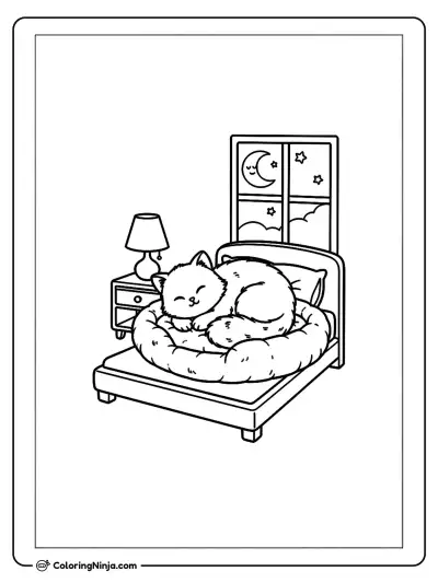 Cute Fluffy Kitten Sleeping Coloring Page