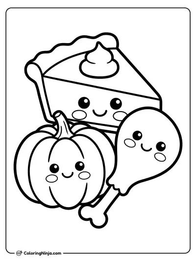 Happy Kawaii Thanksgiving Foods Coloring Page