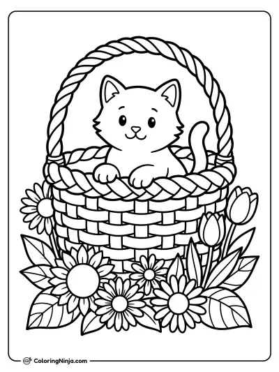 Little Kitten in a Basket Coloring Page