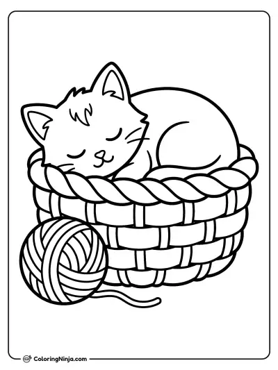 Sleeping Kitten in a Basket Coloring Page