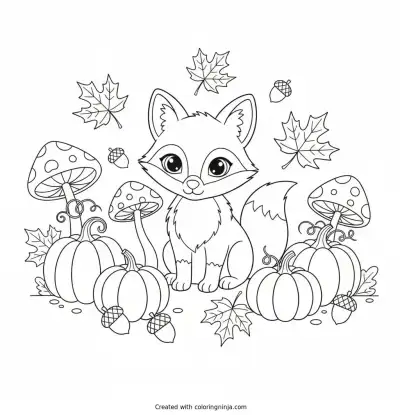 A Little Fox Among Pumpkins Coloring Page
