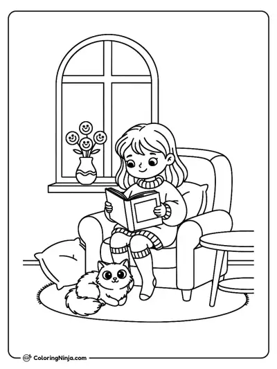 Girl Reading Beside a Window Coloring Page