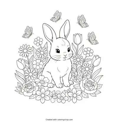 Cute Rabbit In A Garden Coloring Page