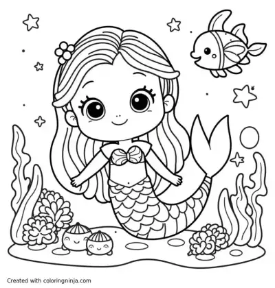 A coloring page of A cute mermaid with a fish tail and big eyes, surrounded by small fairies in an underwater scene, simple black and white line art, cartoon style, friendly expressions, thick clear outlines, no shading, suitable for children's coloring book