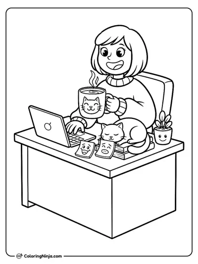 Cute Office Worker at Desk Coloring Page
