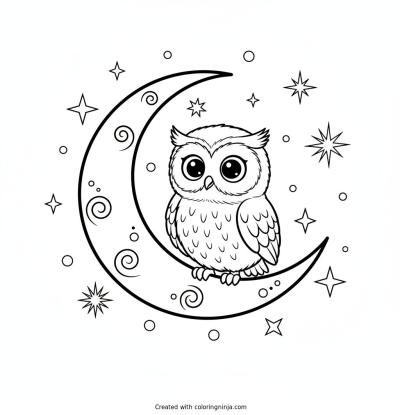 A coloring page of A cute owl perched on a crescent moon surrounded by twinkling stars.