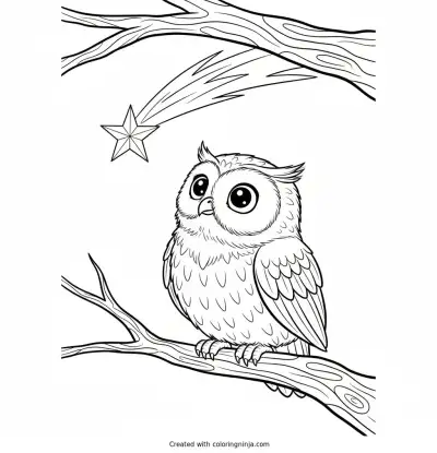 Nighttime Owl and Shooting Star Coloring Page