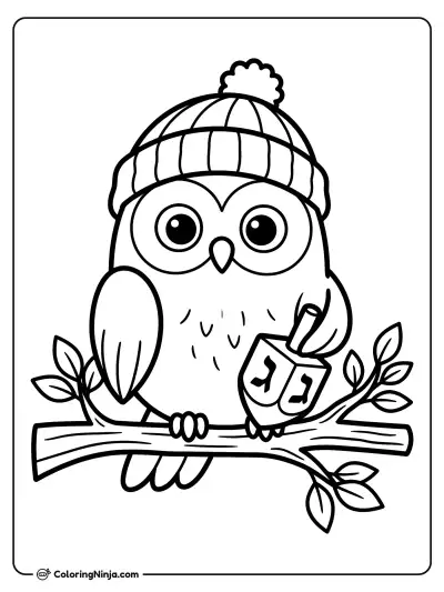 Wise Owl with a Dreidel Coloring Page