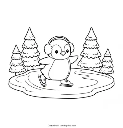 Penguin Ice Skating Fun Coloring Page