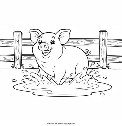 Playful Pig in the Mud Coloring Page