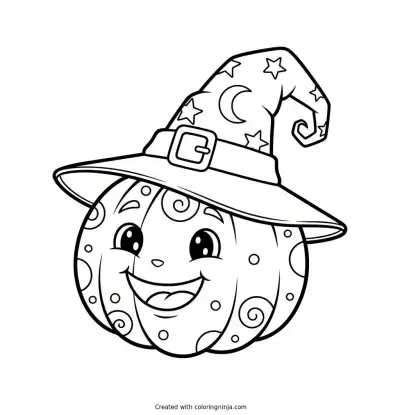 Cute Pumpkin with Witch Hat Coloring Page