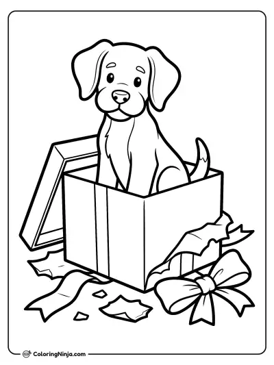 Puppy Surprise in Gift Box Coloring Page