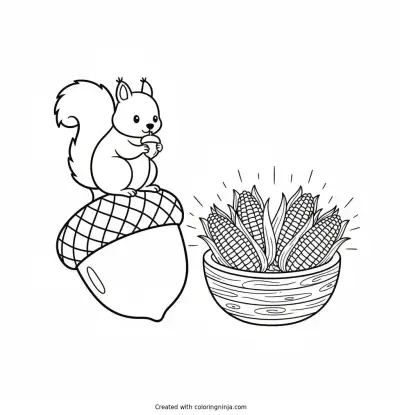 Squirrel and Indian Corn Coloring Page