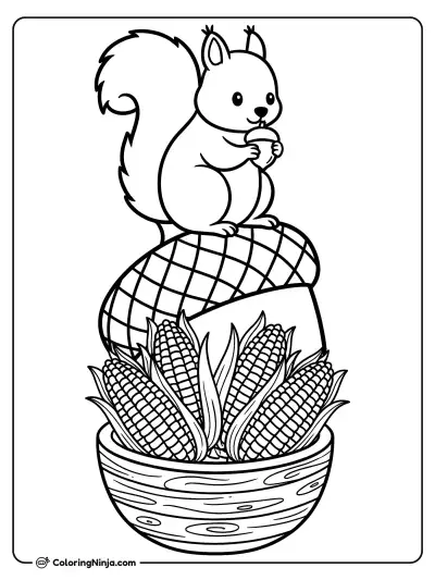Squirrel and Indian Corn Coloring Page