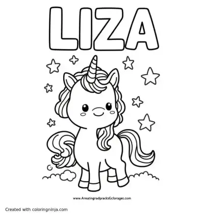 A coloring page of A cute unicorn with the letters “LIZA” above them