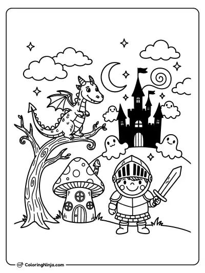 Pequeño caballero, dragón y castillo mágico
