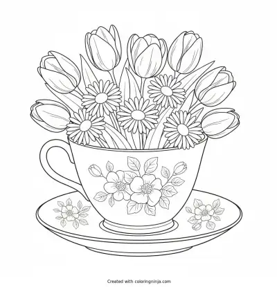 Blooms Inside a Cozy Teacup Coloring Page
