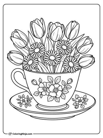 Blooms Inside a Cozy Teacup Coloring Page