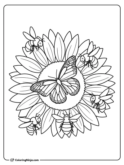 Spring Butterfly on a Sunflower Coloring Page