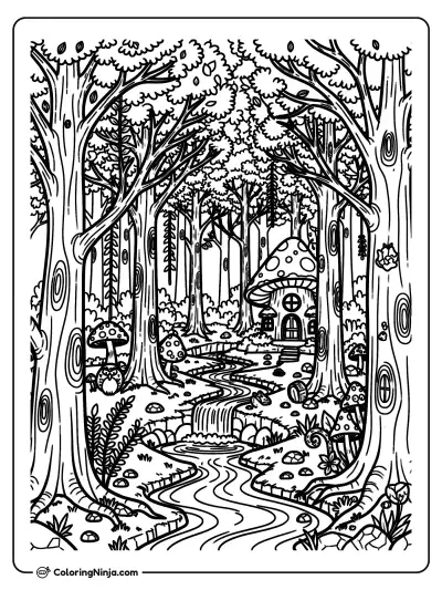A Detailed Forest With Trees Coloring Page