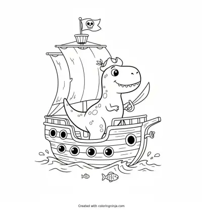 A coloring page of Dinosaur riding a pirate ship 