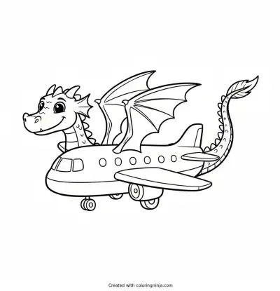 A coloring page of Dragon combined with an airplane
