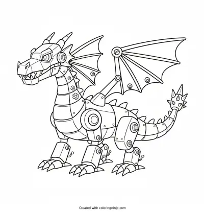 A coloring page of Dragon combined with a robot

