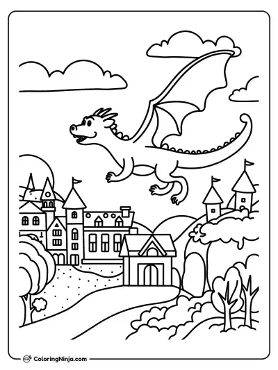 Dragón volando sobre una ciudad medieval