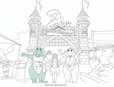 A coloring page of Dragon Kingdom Fairy and Mascots