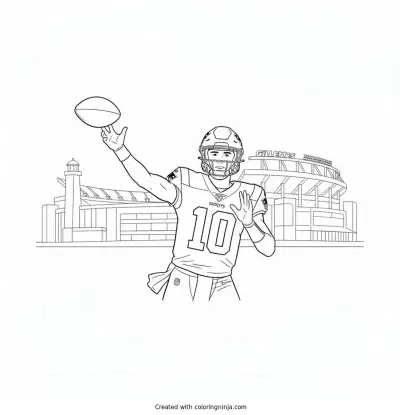A coloring page of Drake Maye Throwing a pass at Gillette stadium Coloring page