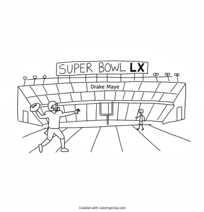 A coloring page of Drake Maye Throwing a pass at Gillette stadium To win Super Bowl LX