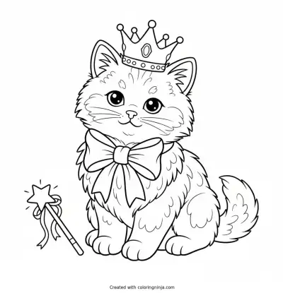 A Crowned Kitten with Wand Coloring Page