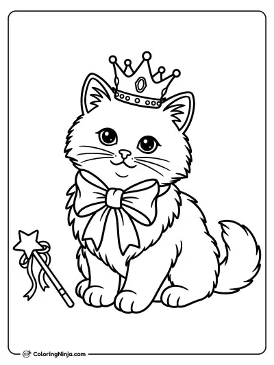 A Crowned Kitten with Wand Coloring Page